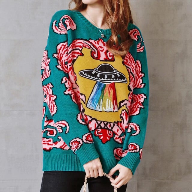 【 UFO 昭和レトロ 】 retro UFO design long sleeve green knit