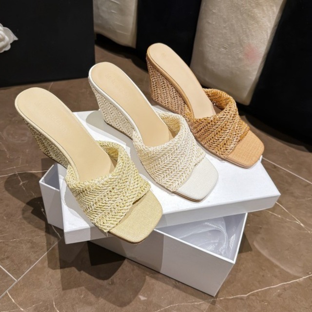 Square toe elegant wedge heel woven sandals ( 3color )