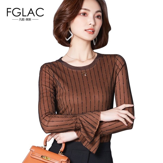 Fglac女性ブラウスファッションカジュアルフレア袖ストライプのシャツエレガントなスリム秋の女性はプラスサイズの女性服