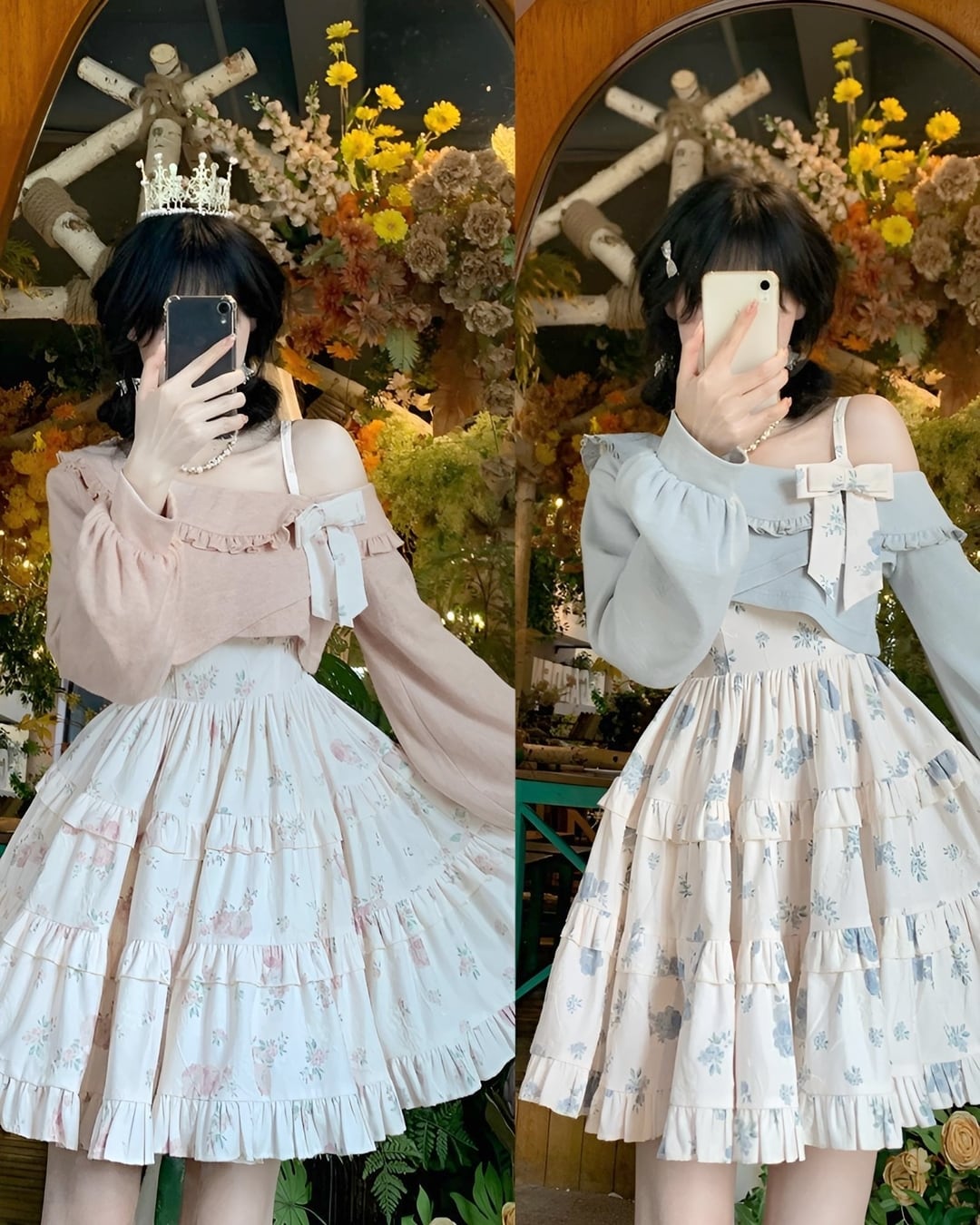 フラワーワンピース&オフショルショートトップスセット(2 colors) 24WP08090