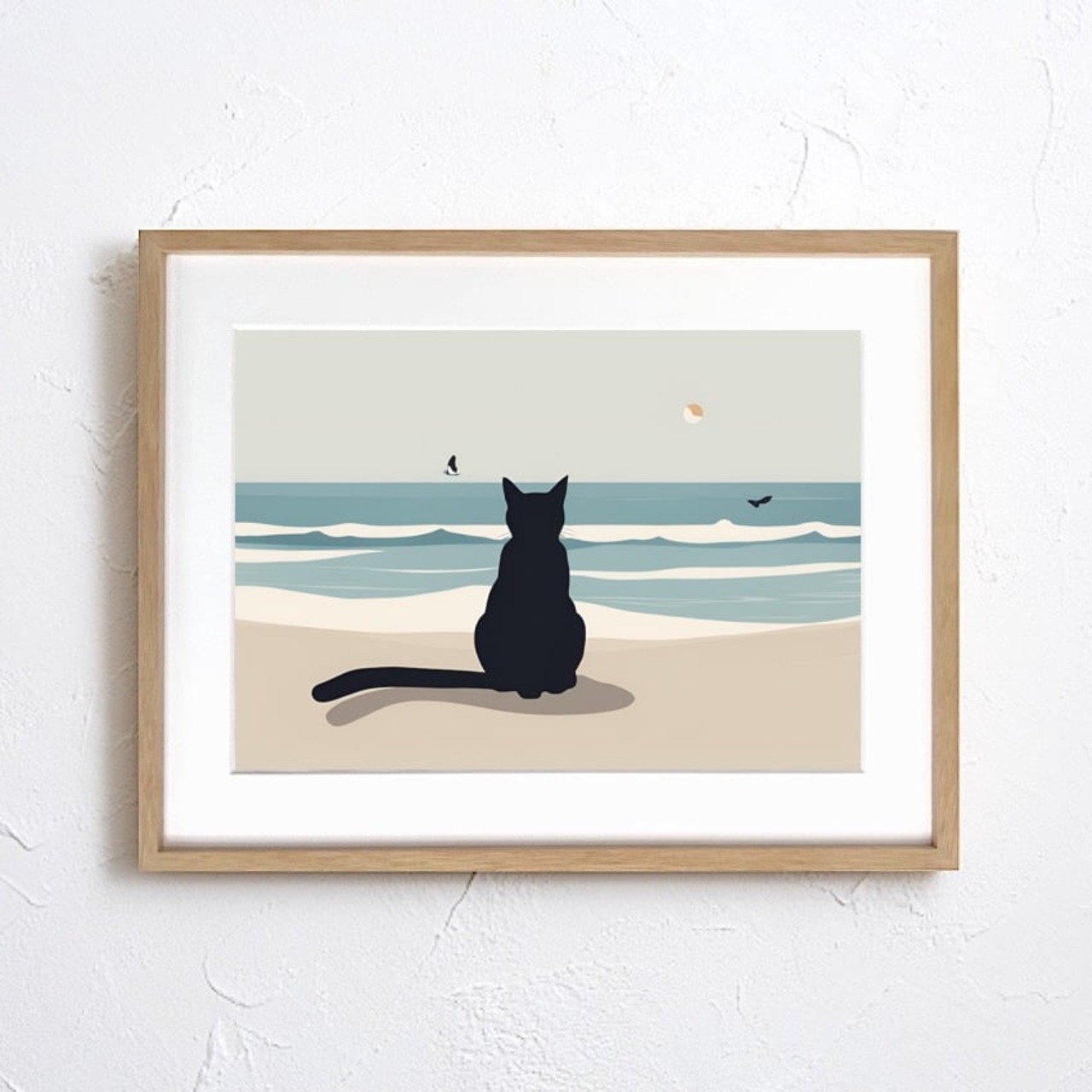 海を眺める黒猫｜穏やかな海辺に佇む可愛いシルエットアート｜静けさと物語を添える癒しの一枚｜｜A3ポスター