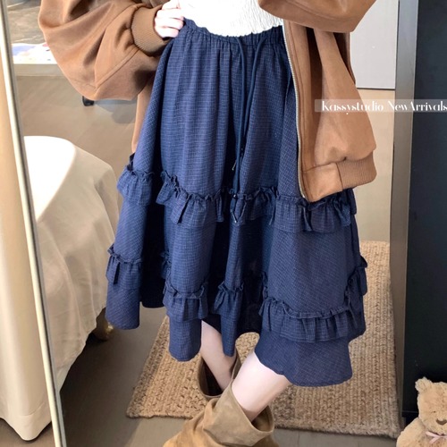 2色／ティアードフリルチェックミディスカート ・75592