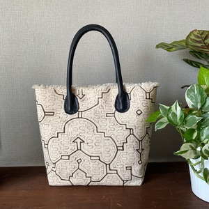 帆布泥染め厚底トートバッグ　35x24x13 本革持ち手フリンジ
