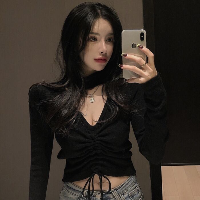 オータムホルターVネッククロップドセーター スリムショートギャザープルオーバー トップス 秋物 ガールズファッション30919980851