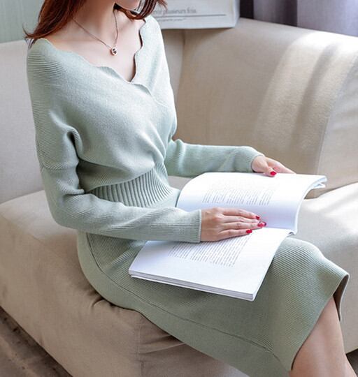 ニットワンピース エレガント 大人 セクシー vネック スリムワンピ カシュクール スカラップ