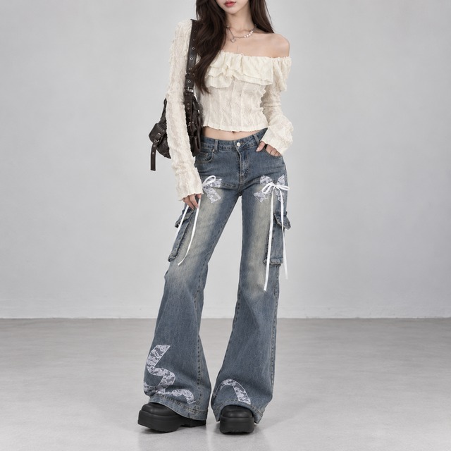 off-shoulder lace long sleeve top × side lace-up flared pants (2set) la2655