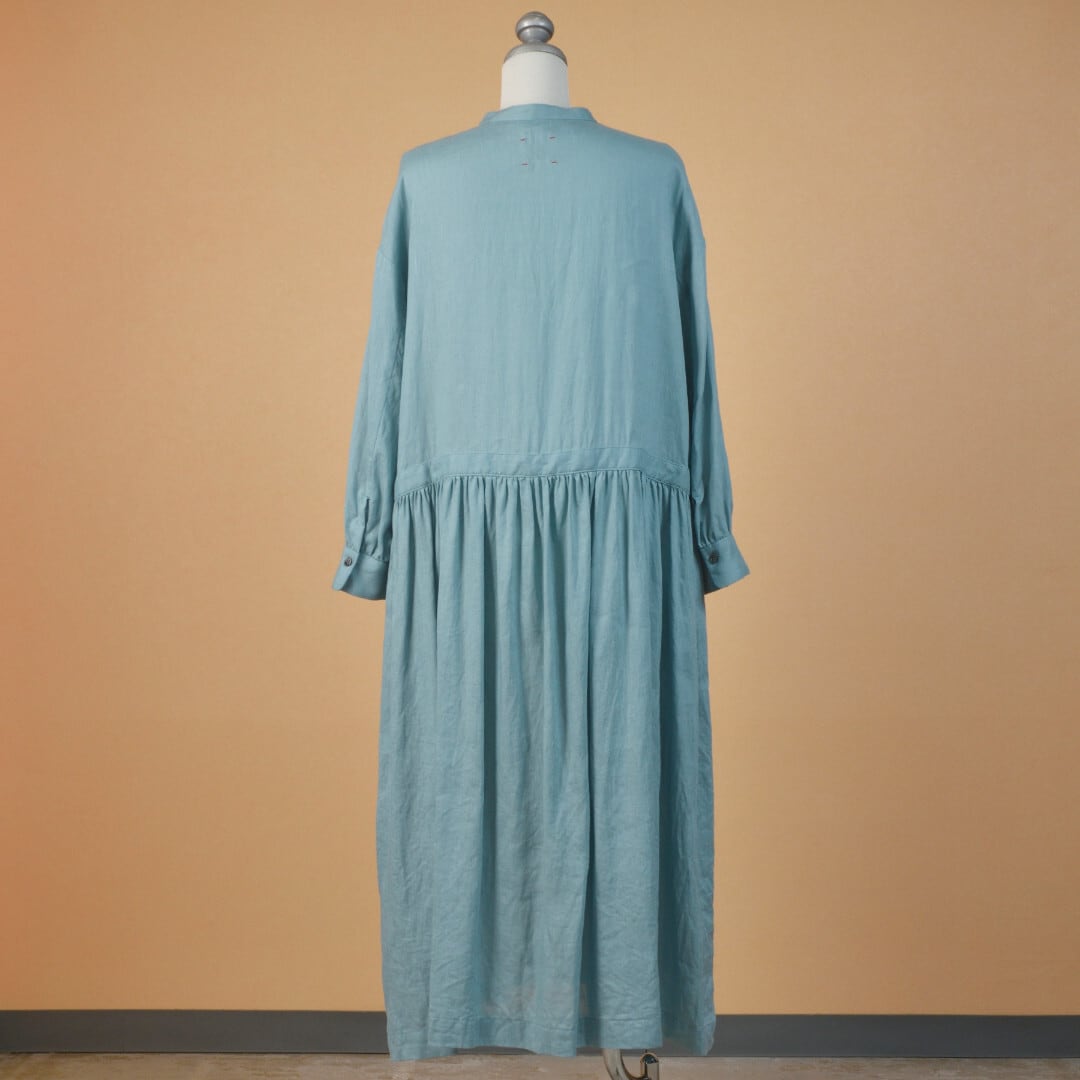 アトリエナルセリネンシャツギャザーワンピース美品アクアブルー linen shirt gather one-piece / aqua blue - atelier naruse｜Online