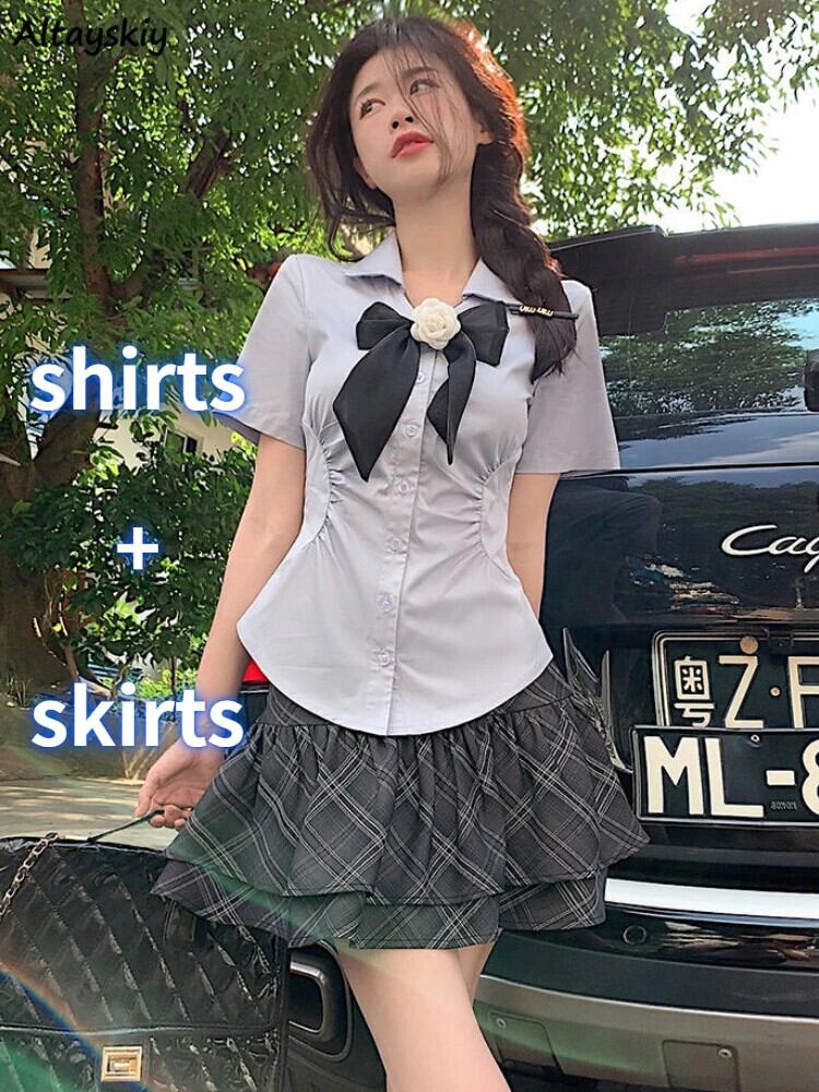 【新作】【送料無料】 2 個セット女性スリムシャツ夜会服ミニスカートプレッピースタイル入札夏カジュアル甘い女の子オールマッチオル服シック 0373609969923