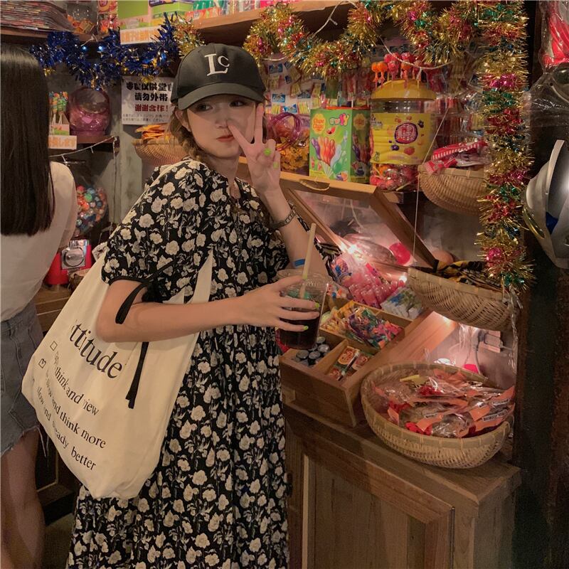 スタンダードルーズ薄手フローラルドレス サマースリーブハイウェストウェストスカート レトロ 夏物 花柄 モンロー19087642594