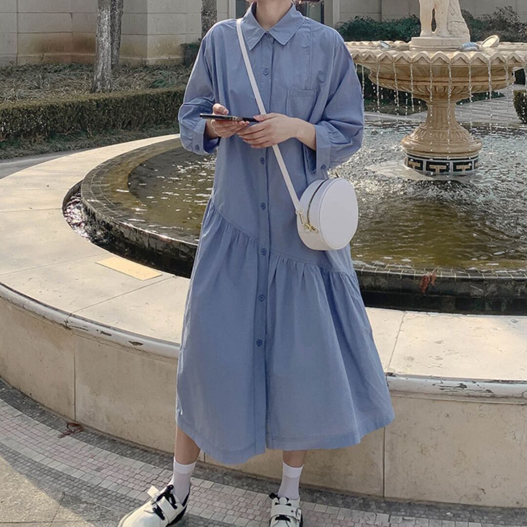 フリルティアードシャツロングワンピース A0310