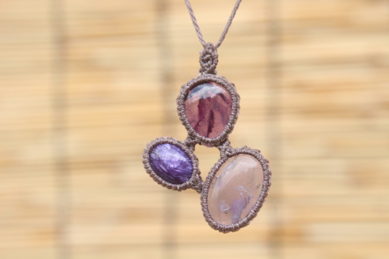 Fluorite & Charoite & Amethyst micro macrame pendant