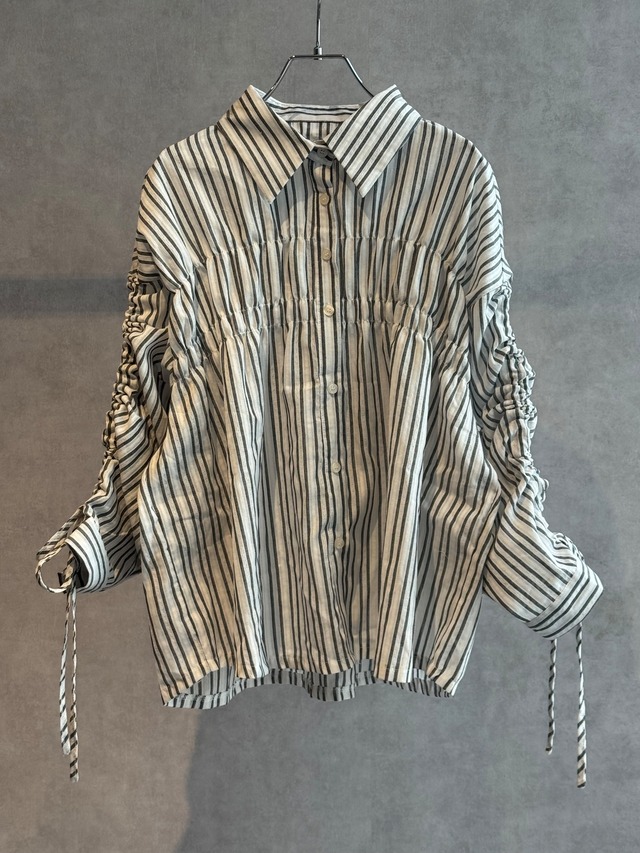 drawstring gather sleeve stripe shirt