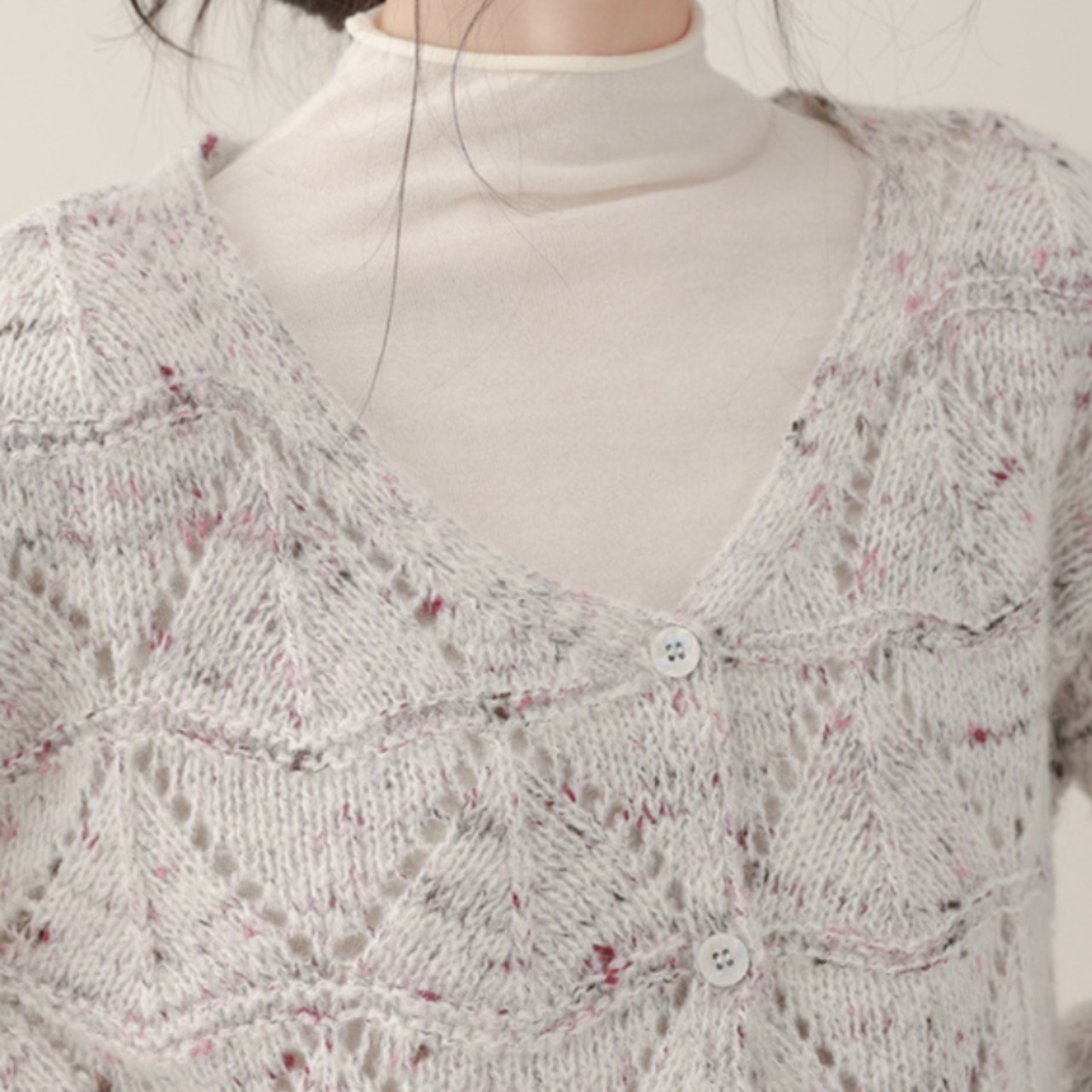 透かし編みVネックニットカーディガン W01170