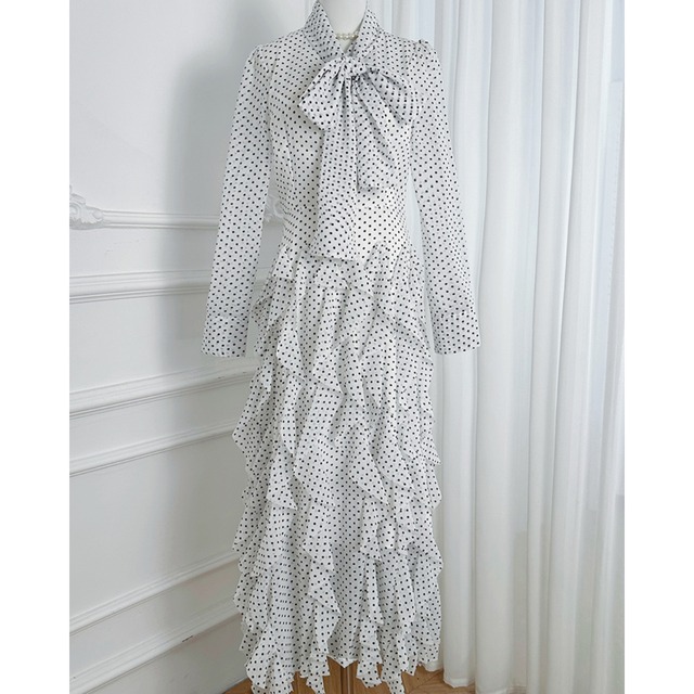 ドットフリルデザインリボンデザインフレアワンピース L1691