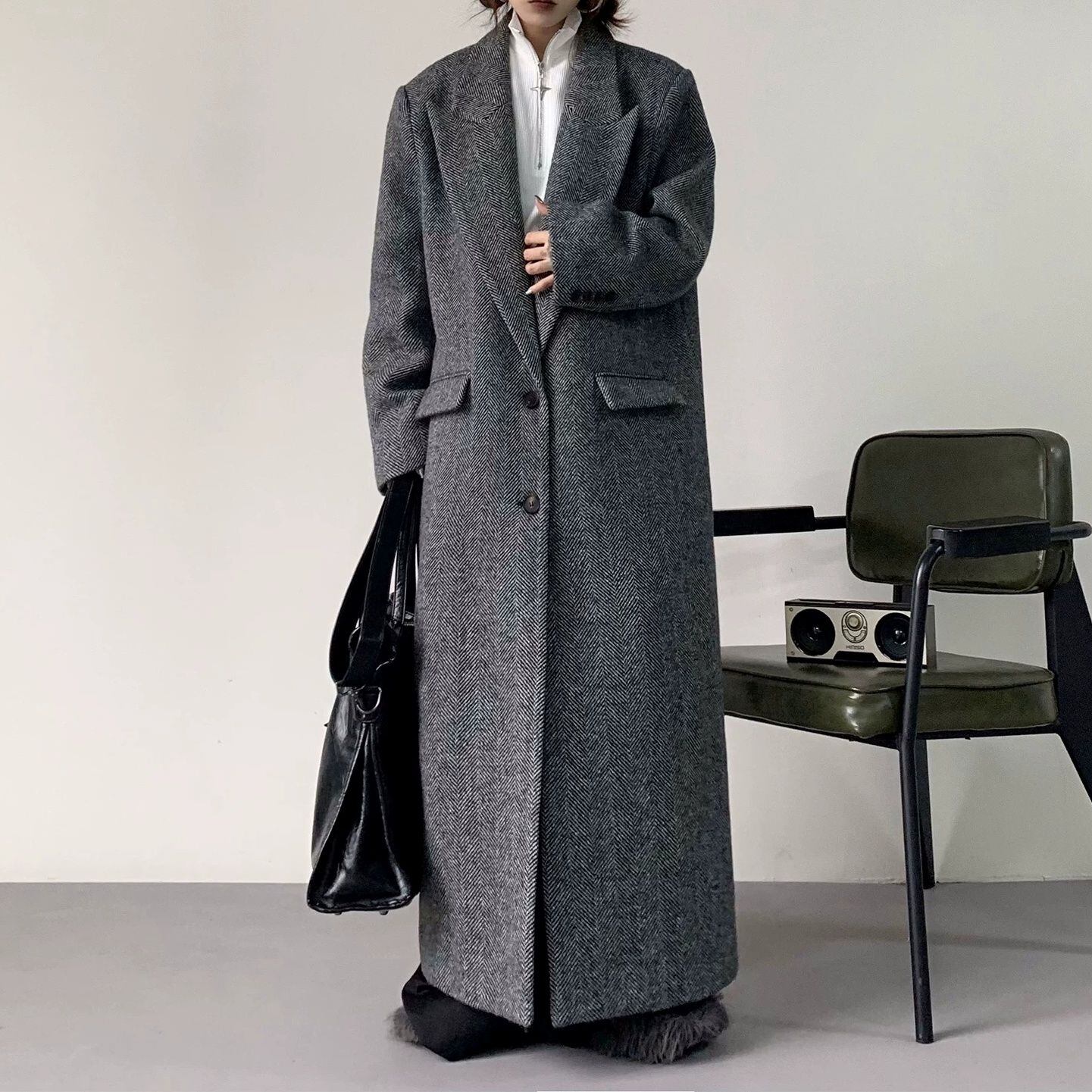 HERRINGBONE LONG LAPEL DOUBLE BUTTON COAT M-18433