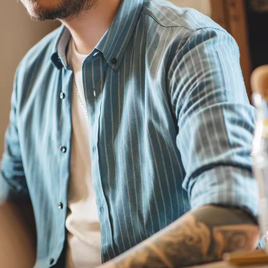 American retro brushed Americana blue striped long-sleeved shirt(GV012)