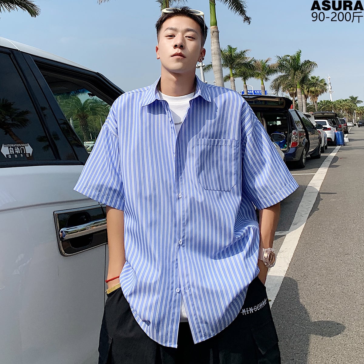 ストライプソリッド カラーシャツ薄手ルーズサマースタイル 大きめサイズ 夏物 ソリッドカラー ASURAプラスサイズメンズ62976097513