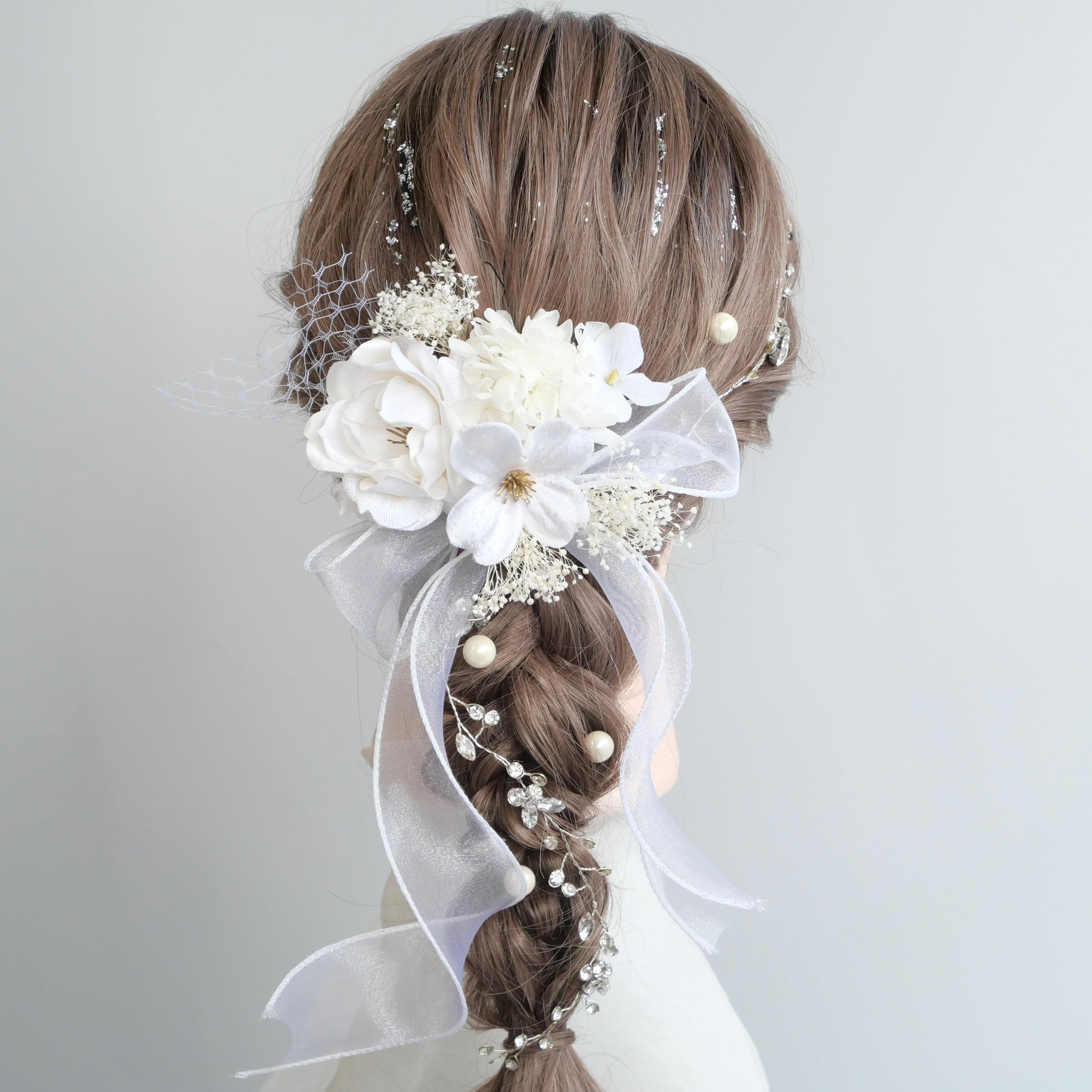 A481 ローズ カーリーリボン 白 髪飾り 卒業式 袴 成人式 振袖 結婚式 和装