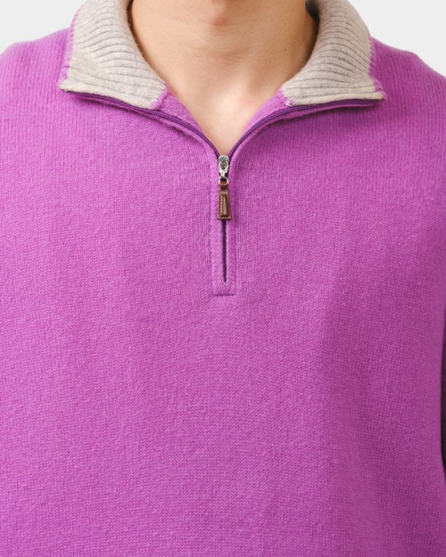 "Gran Sasso" Ultrafine Merino & Cashmere Half-Zip Knit with Contrast Collar (Made in Italy)