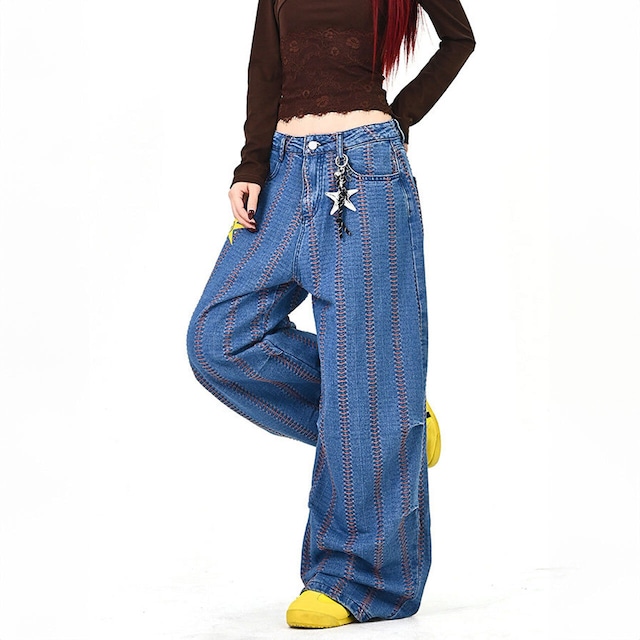 ジグザグステッチサンモチーフデニムパンツ 1col   R01782