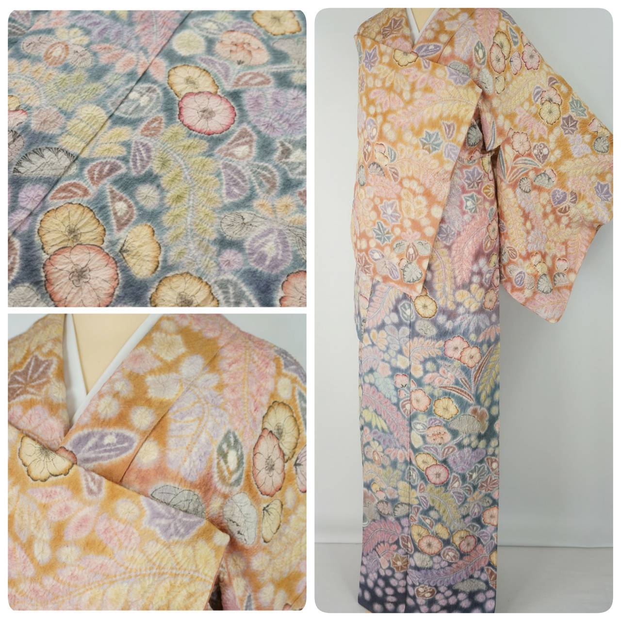 樋熊哲也 辻が花 総絞り 銀通し 訪問着 正絹 オレンジ ピンク 紫 770 | kimono Re:和 [online store] キモノリワ  着物 帯