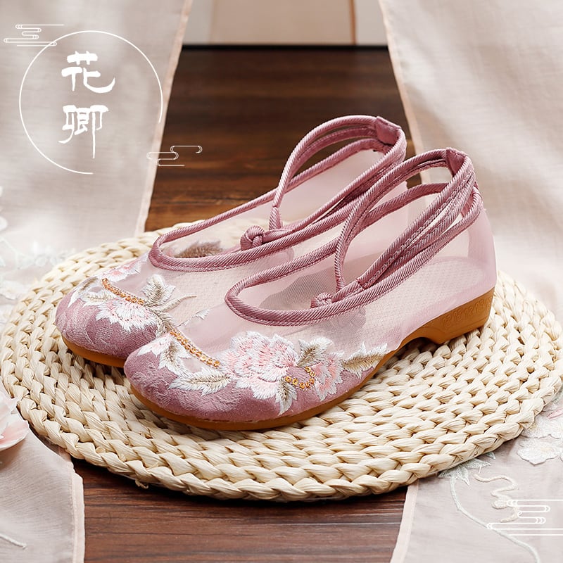 花　服　本　靴　雑貨 花卿】2color 刺繍シューズ チャイナ靴 民族風 チュール 夏 中華服