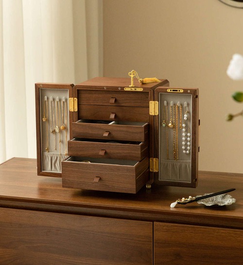 ジュエリーボックス 木製 コンパクト 宝石箱 アクセサリーケース 収納ボックス 鍵付き 二重ロック アンティーク調 彫刻 高級 天然木 プレゼント ギフト 母の日 誕生日 レディース 持ち運び可能