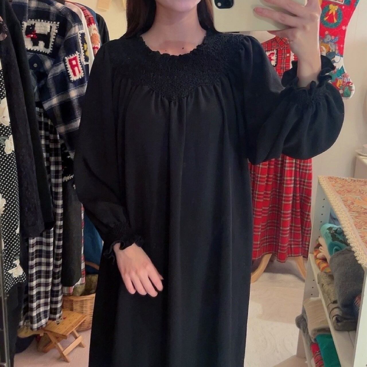black shirring gather one-piece