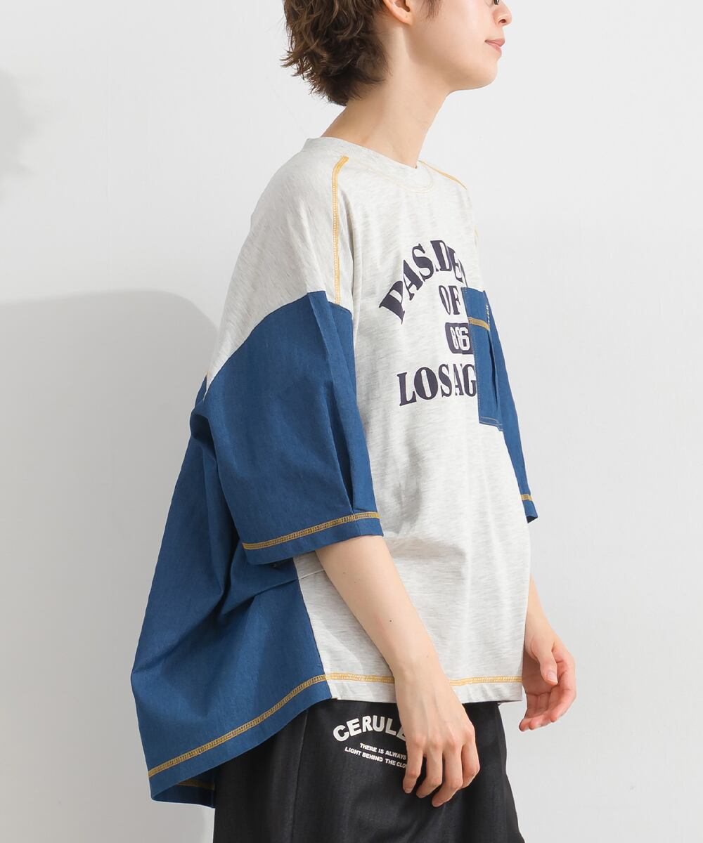 J262062 デニム切替リメイク風ロゴプルオーバー / Denim Panel Remake
