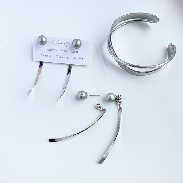 ◇P-13 2way カーキコットンパールピアス