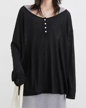 Sheer henry-neck loose T-shirt L0088