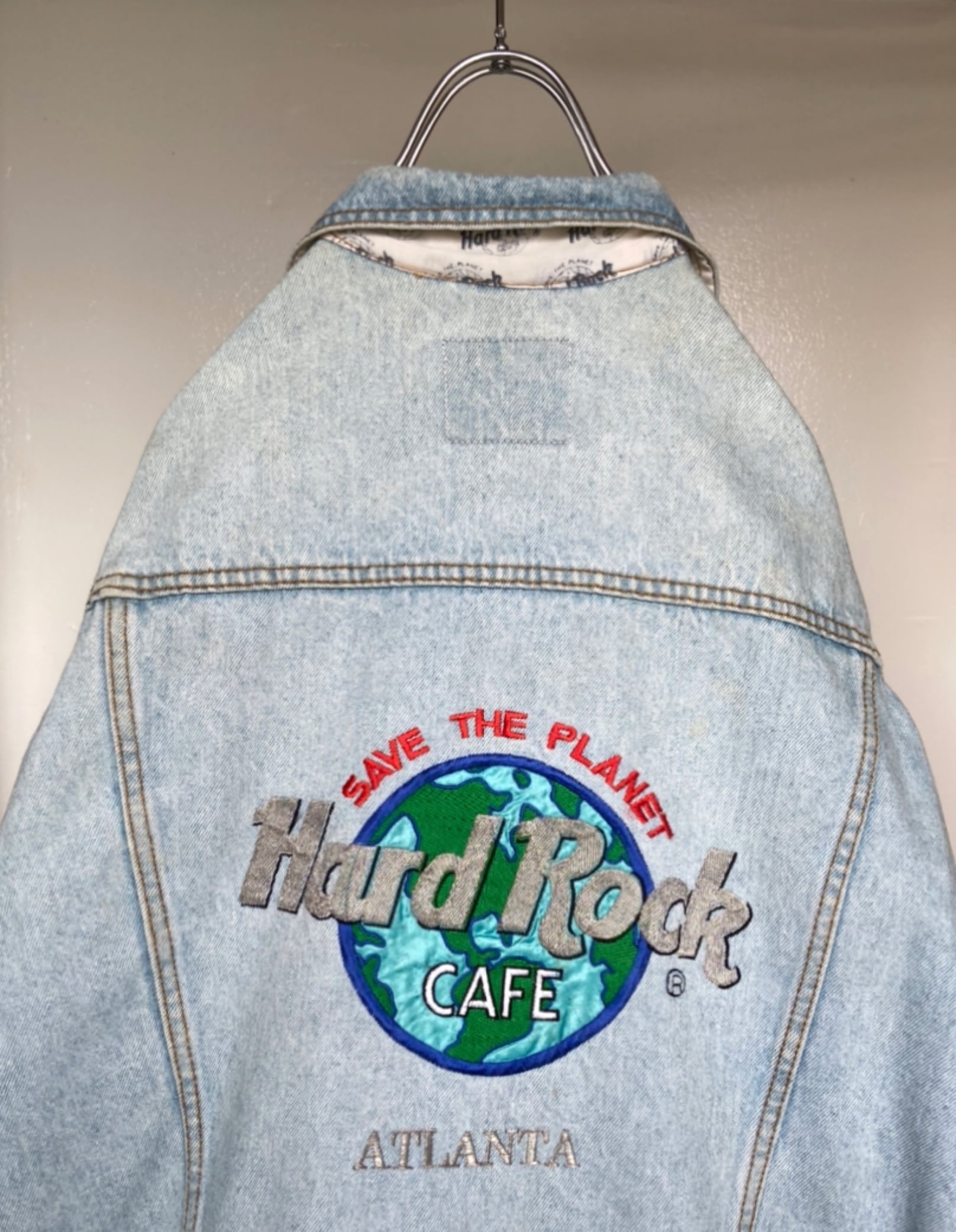 90s古着 Hard Rock Cafe/ハードロックカフェ デニムジャケット 刺繍ロゴ入りビンテージ