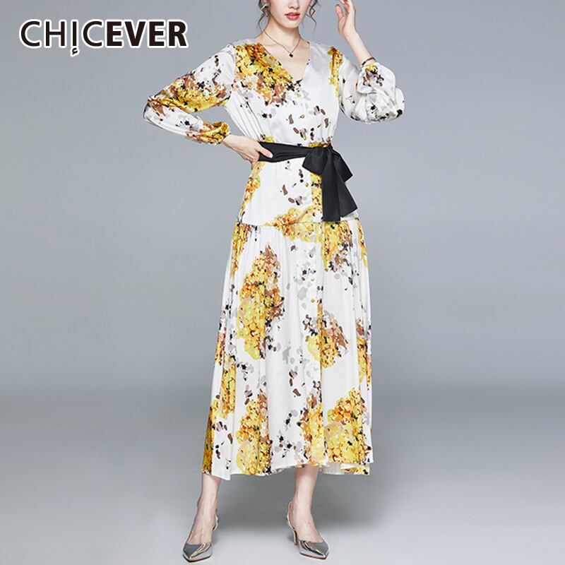 CHICEVERプリントドレスレディースVネックランタン長袖ウエスト蝶結びレースアップヒットカラーボヘミアンドレス2020タイド ロング リボン 6base53587761464