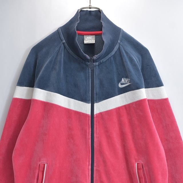 00s NIKE ナイキ トラックジャケット ベロア V字切替 スウッシュ 刺繍ロゴ ジャージ トリコロール USED ヴィンテージ ビンテージ 古着 メンズ Lサイズ