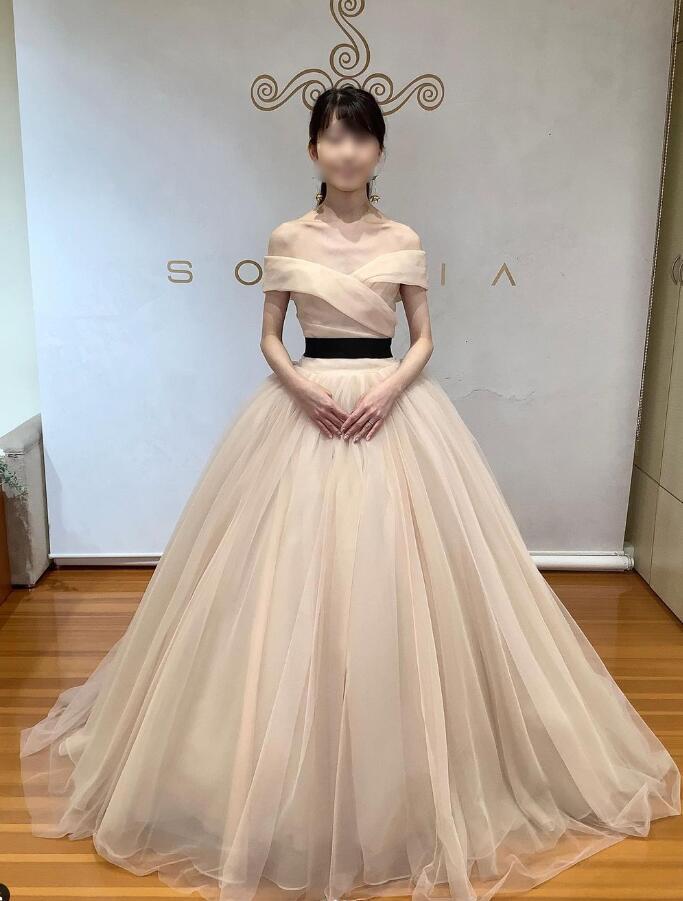 カラードレス オフショルダー サッシュベルト ソフトチュール 花嫁  