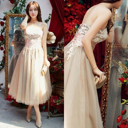 シャンパンゴールド チューブトップパーティードレス 結婚式 | BIANKA