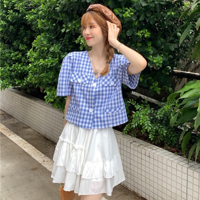 スリーブ格子柄シャツ サマーハイウェストウェストプリーツスカート ストリート 大人ガーリー スウィート キュート カジュアル 夏物 YY-ファッション51535914387