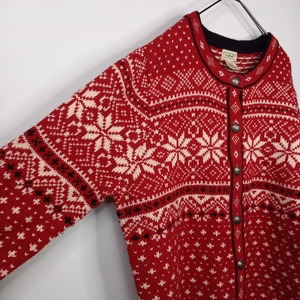 エルエルビーン　ラムウールニット　カーディガン　ノルディック　バーズアイ　レッド　赤　XL