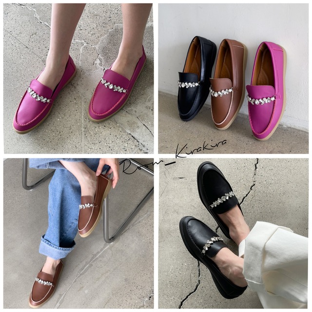 牛革製クリスタルラインローファー