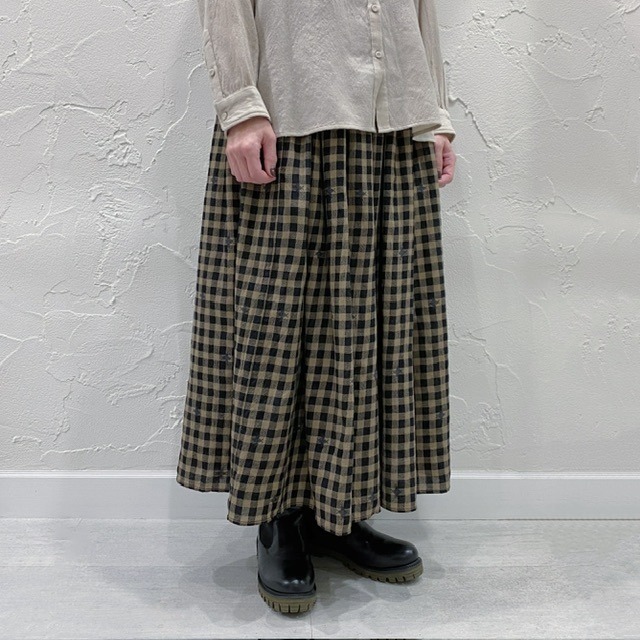 maison de soil WOOL GINGHAM CHECK WITH JACQUARD RAJASTHAN TUCK GATHERED SKIRT WITH LINING