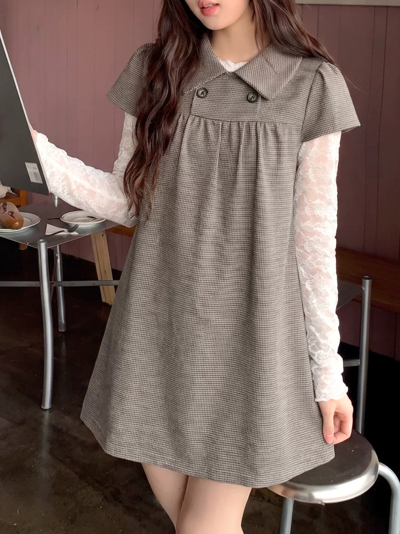 レトロチェックワンピース&レースインナーセット LK1874