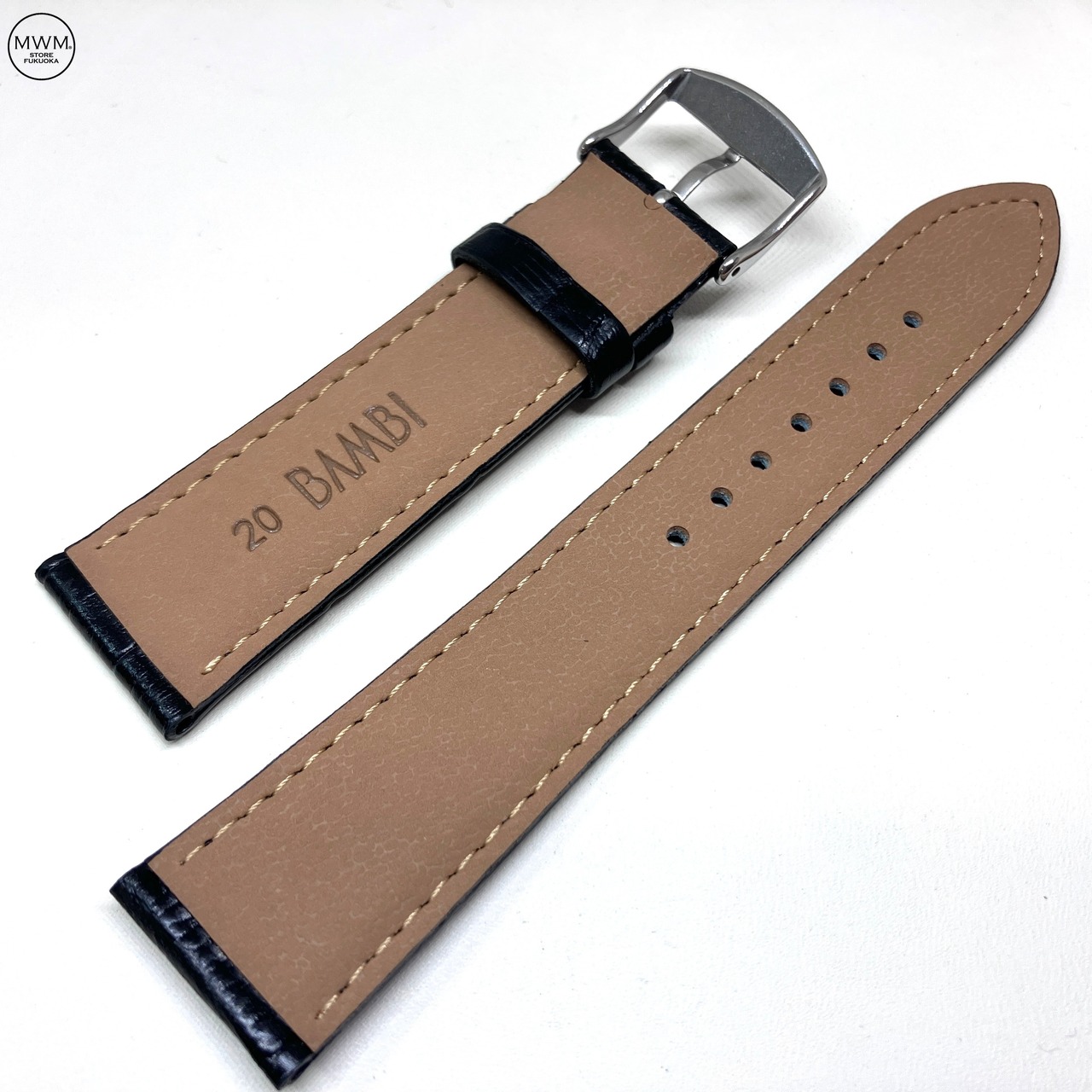 BAMBI  本革 型押し ブラック マット竹符 シルバー/ゴールド 20mm 腕時計ベルト