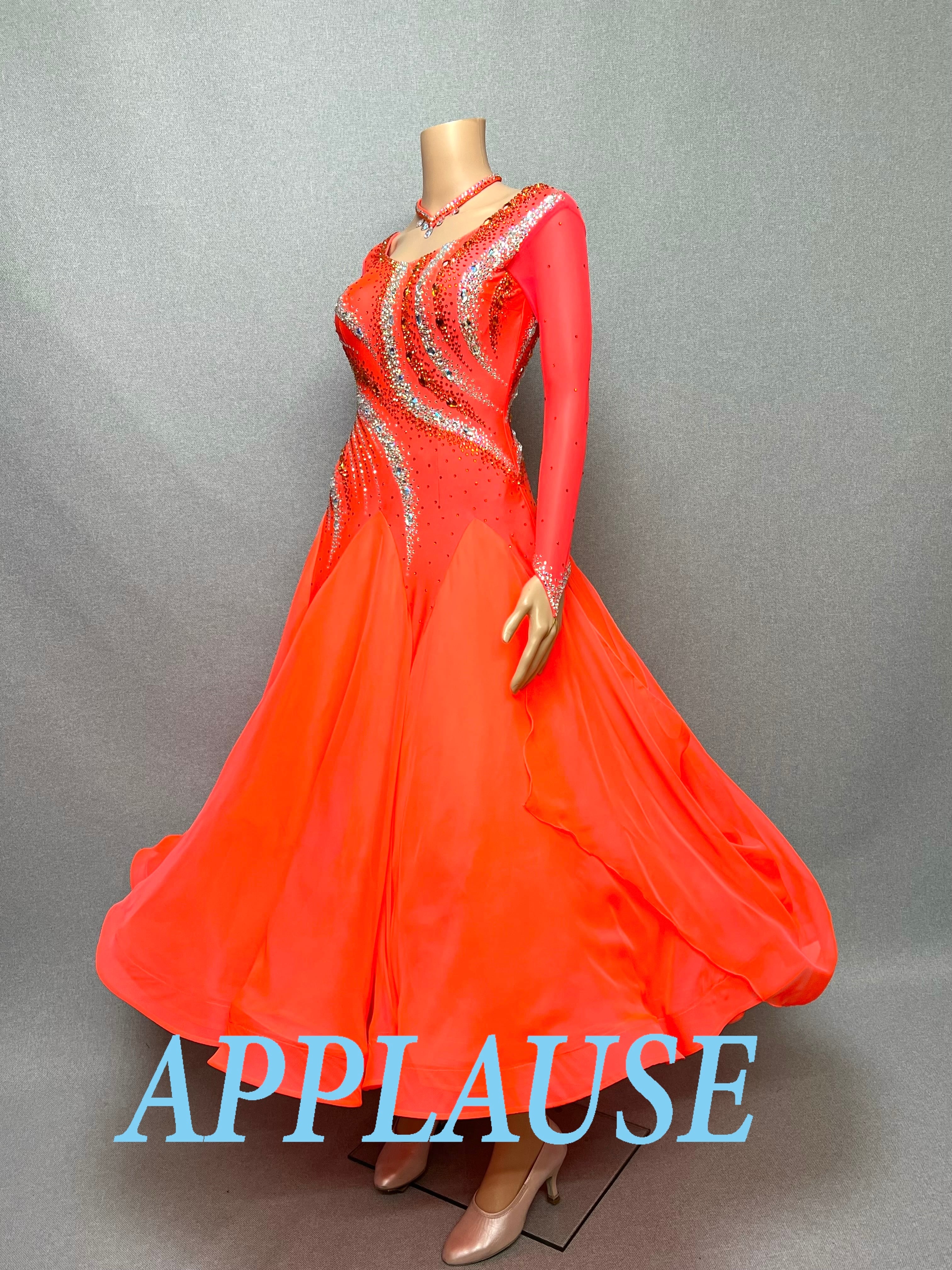 【新着】社交ダンス ドレス　モダン　スタンダード ドレス　ST-26-２　タンジェリンオレンジ　M〜L　デモ・競技用ドレス　発表会　衣装　パーティドレス　ワンピース　舞台衣装