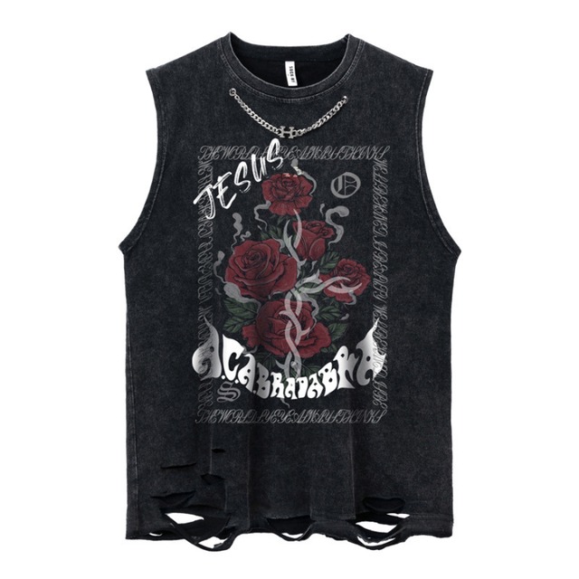 ゴスロリ通販 With U ゴシック ロリィタ ノースリーブ Tシャツ アメリカン レトロ ウォッシュド ヒップホップ ストリート系 原宿ファッション Y2K