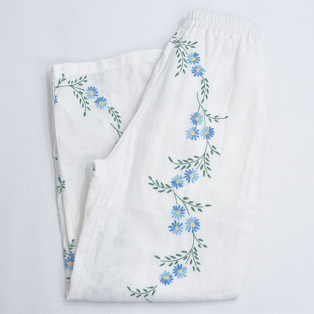 Remakeリメイク 再構築 パッチワーク&フラワー刺繍 デザイン ルーズシルエット コットン リネン イージーパンツ ホワイト 古着 裏地付き レディースW62~90cm