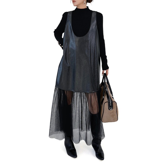 Faux Leather U-Neck Maxi Length Dress       00329