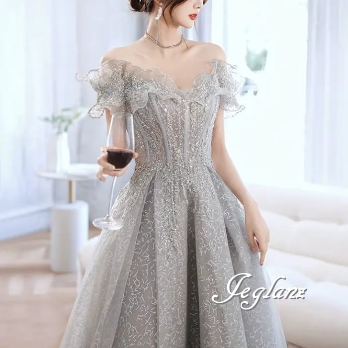 パーティ イブニングドレス オフショル 編み上げ フリル 肌見せ(MA991)ζ