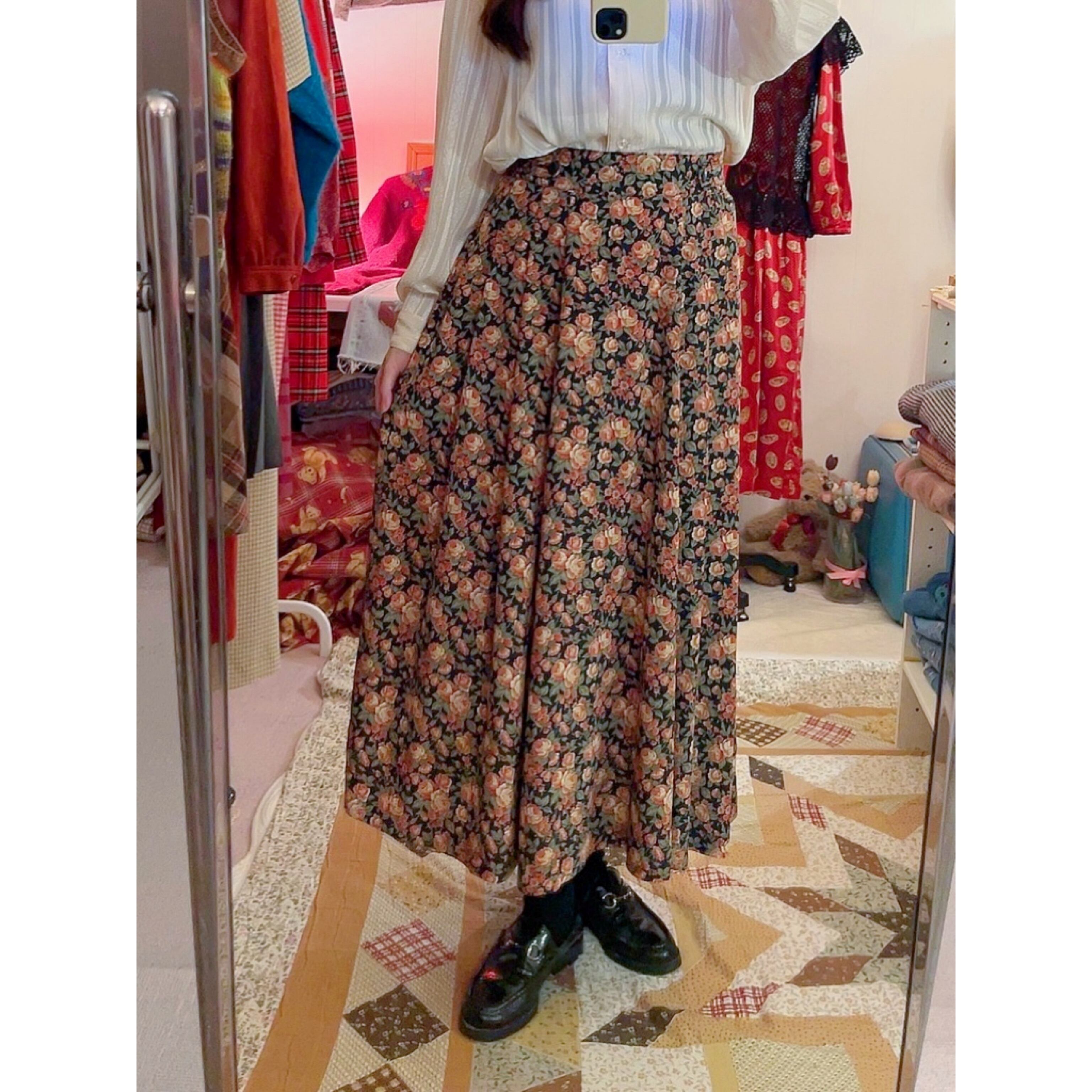 waist ribbon rose tuck flare skirt