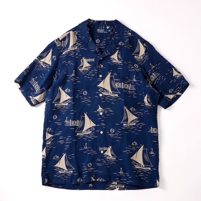 【極美品】90s Ralph Lauren special silk linen open collar shirt  navy mint condition  ／ 90年代 ラルフローレン スペシャル シルク リネン オープンカラー シャツ 半袖 サイズM ネイビー  サマーシャツ 夏服 アロハ