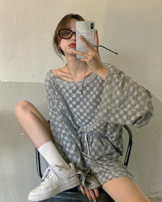 スタイルスタンダードレッド格子柄オータムTシャツ ショーツ ロング レトロ 秋物 ブルマー モンロー86619818652